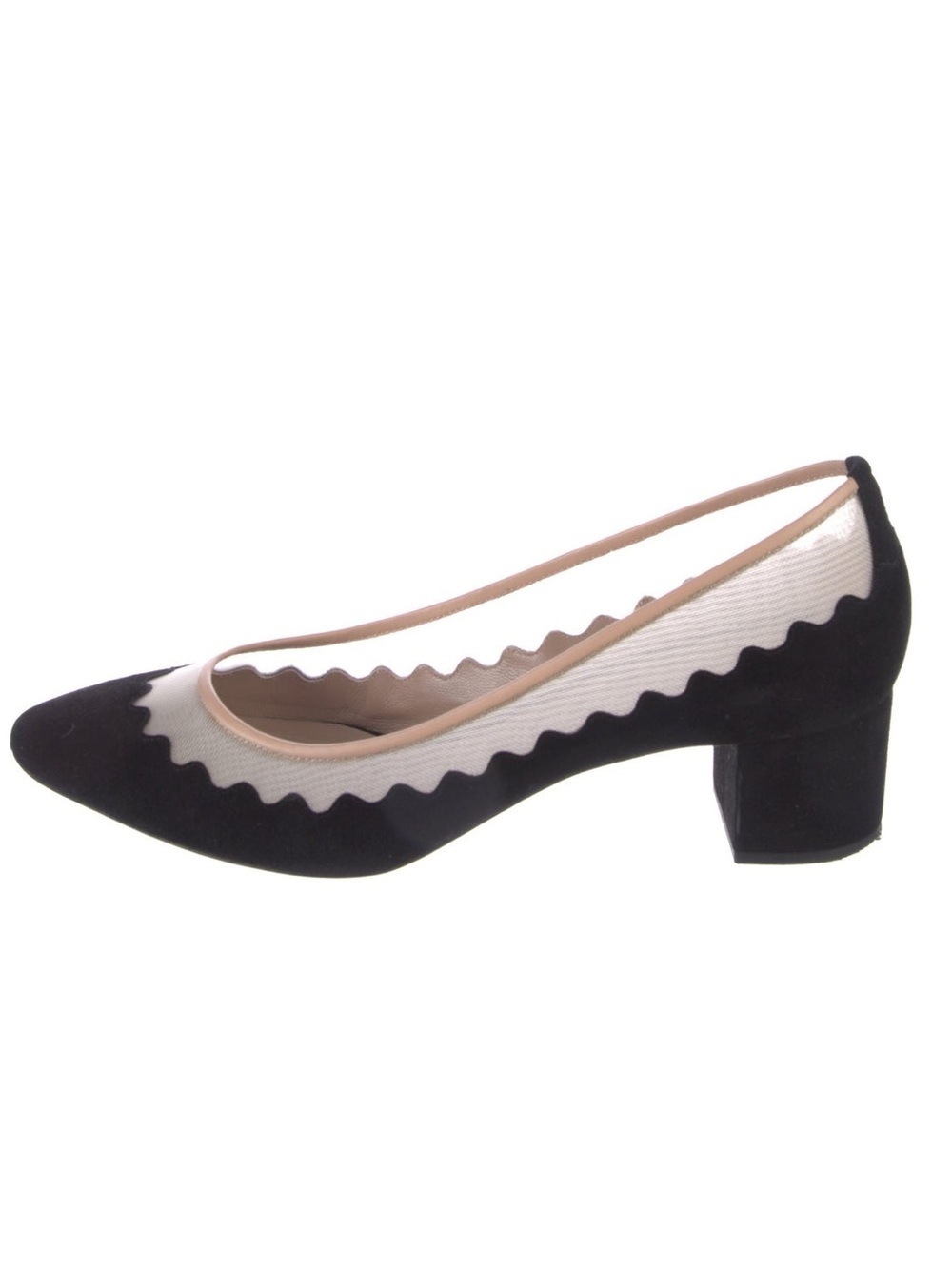 Chloé Scalloped Suede Mesh Accent Black & Burgundy Block Heel Shoes Size 40